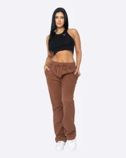EPTM WOMEN FRENCH TERRY FLARE PANTS-BROWN
