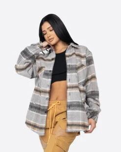 EPTM WOMEN SLIT FLANNEL SHIRT-MOHAIR/ALMOND