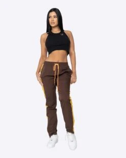EPTM WOMEN NYLON BASIC TRACK PANTS-BROWN/MUSTARD
