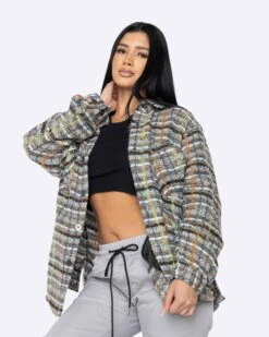 EPTM WOMEN SLIT FLANNEL SHIRT-BROWN